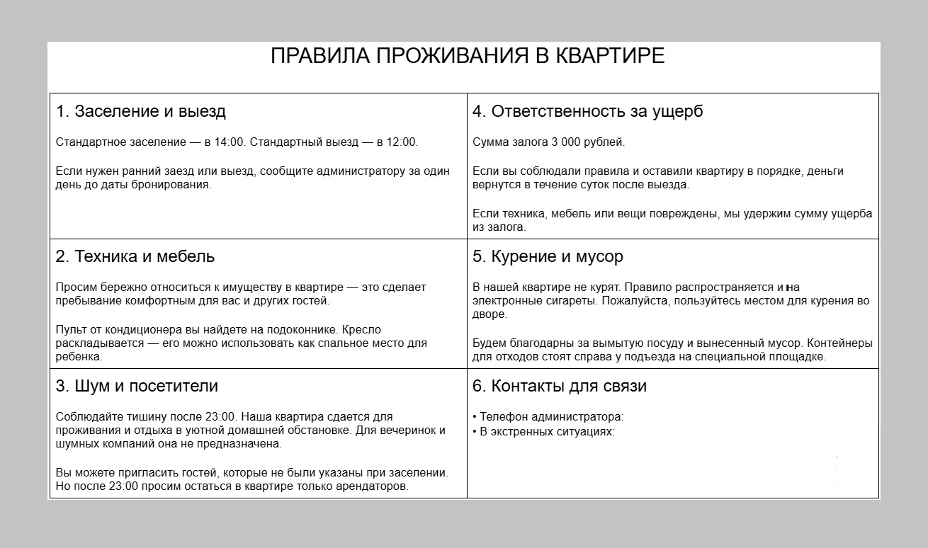 Шаблон памятки с правилами проживания в посуточной квартире